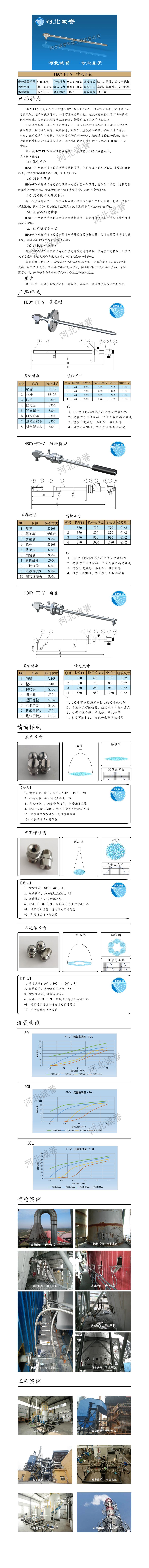 FT-V脫硝噴槍保護(hù)套、噴槍參數(shù)、材質(zhì)尺寸、流量分布圖、扇形空心錐俯視圖介紹，以及噴槍霧化視頻展示和工程案例介紹