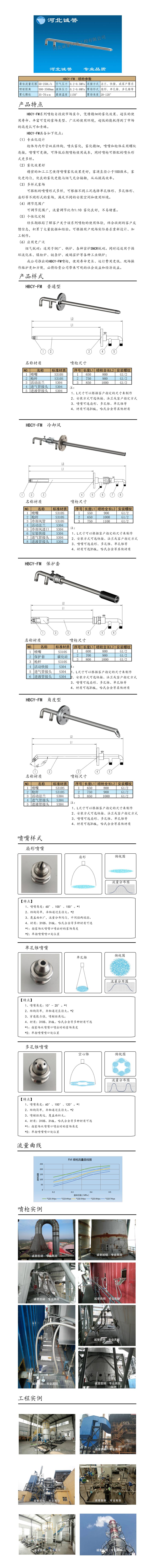 電廠脫硝噴槍保護(hù)套、噴槍參數(shù)、材質(zhì)尺寸、流量分布圖、扇形空心錐俯視圖介紹，以及噴槍霧化視頻展示和工程案例介紹