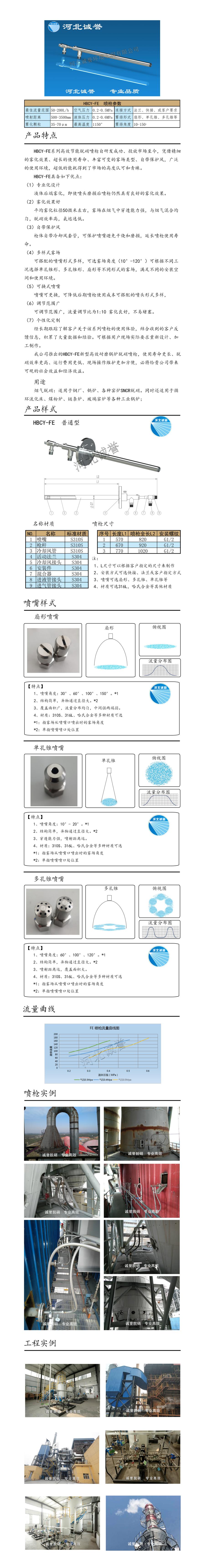 脫硝噴槍、保護(hù)套、噴槍參數(shù)、材質(zhì)尺寸、流量分布圖、扇形空心錐俯視圖介紹，以及噴槍霧化視頻展示和工程案例介紹